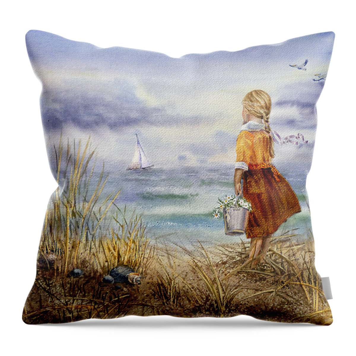 Girl And Ocean Throw Pillow featuring the painting A Girl And The Ocean by Irina Sztukowski
