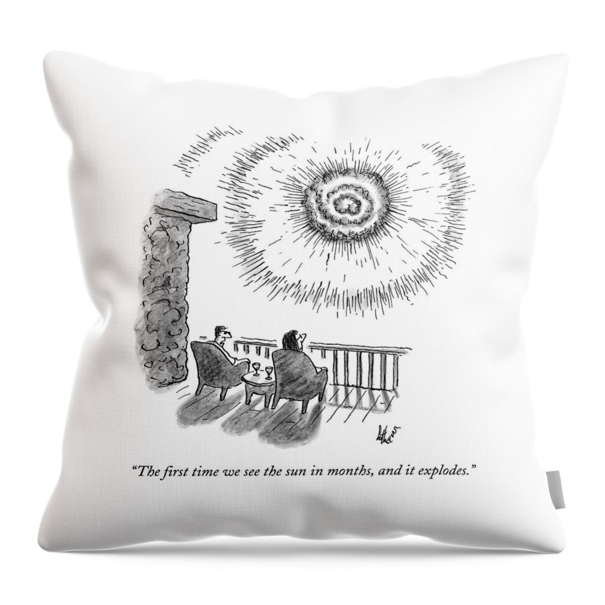 A Man And Woman Sit In Front Of An Exploding Sun Throw Pillow