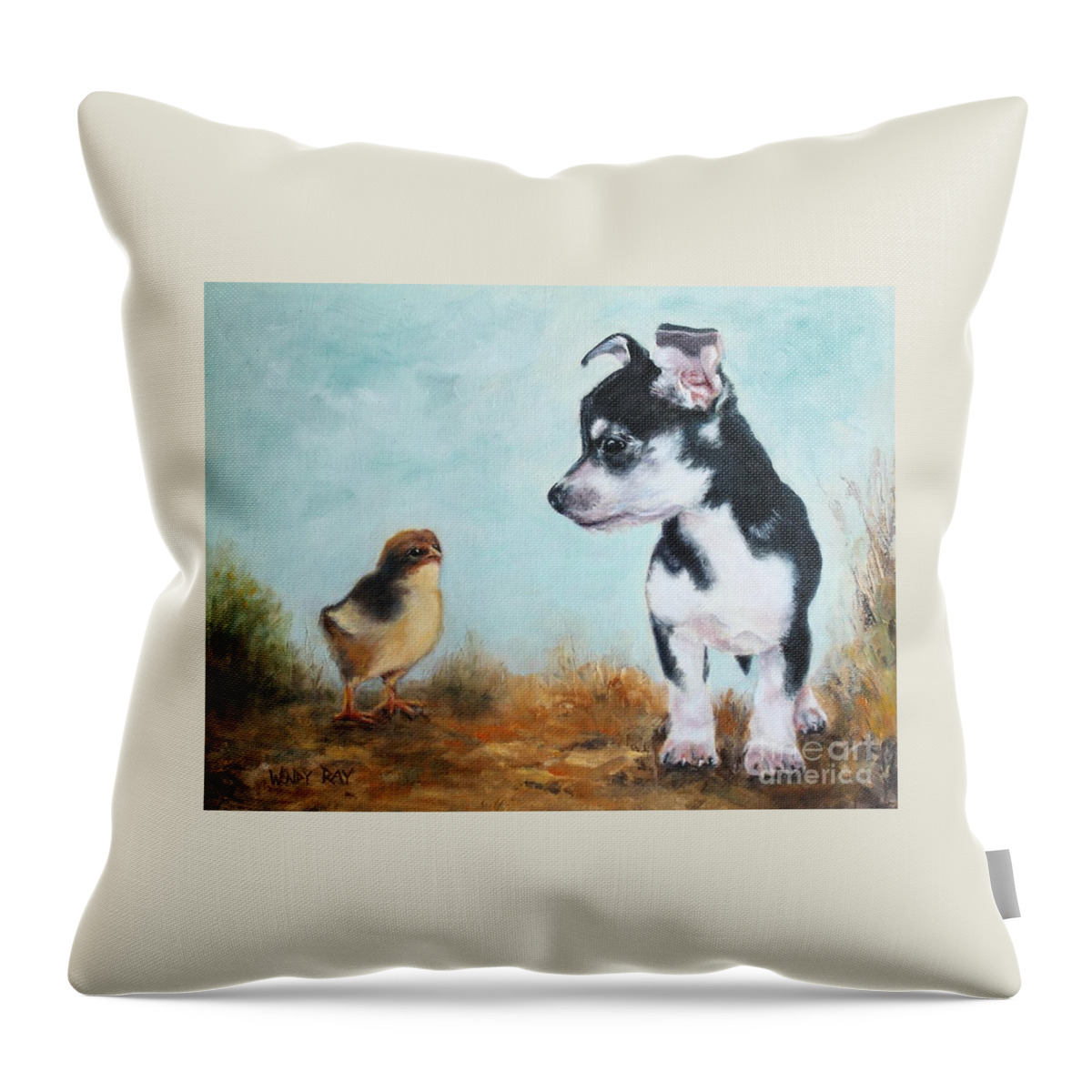 Baby Chick Throw Pillow featuring the painting A New Acquaintance by Wendy Ray