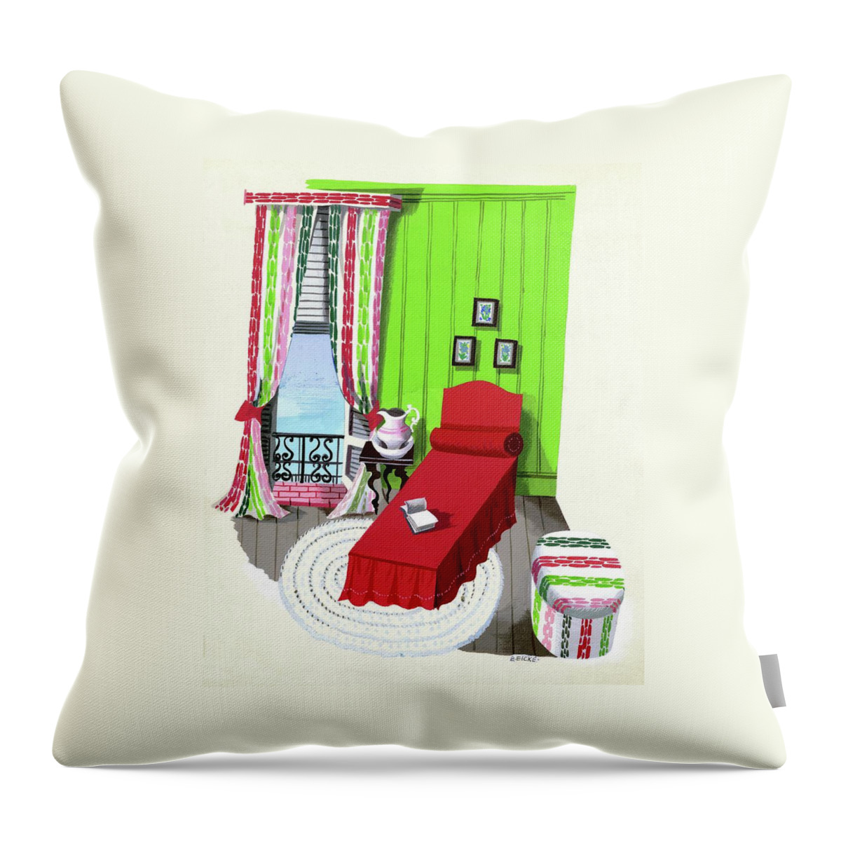 A Red Bed In A Bedroom Throw Pillow