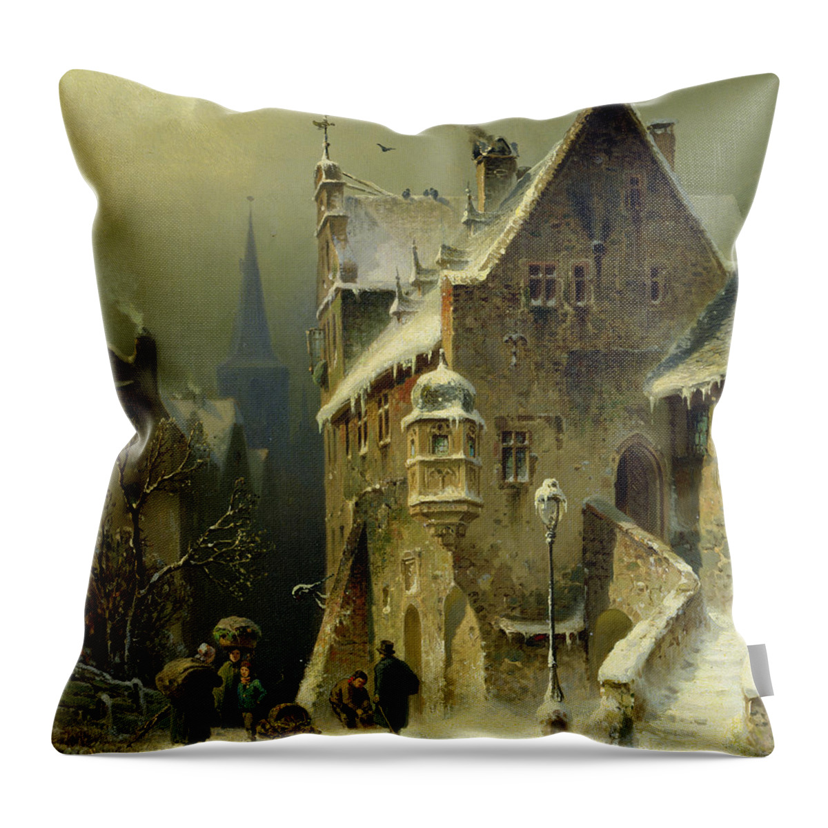 Schlieker Throw Pillow featuring the painting A Small Town in the Rhine by August Schlieker
