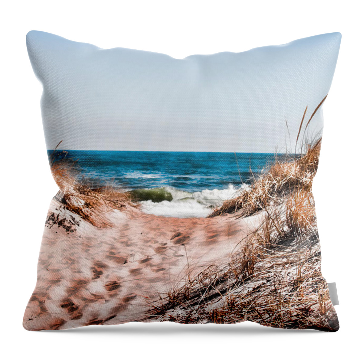 Beach Retaining Fence Throw Pillow featuring the photograph A walk out to the water by Jeff Folger