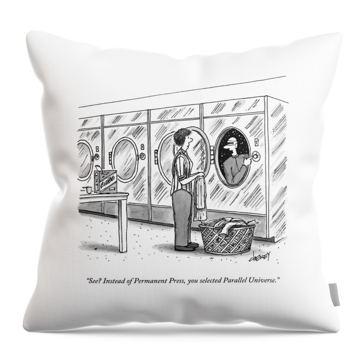 A Woman Doing Laundry With A Spaceman Coming Throw Pillow