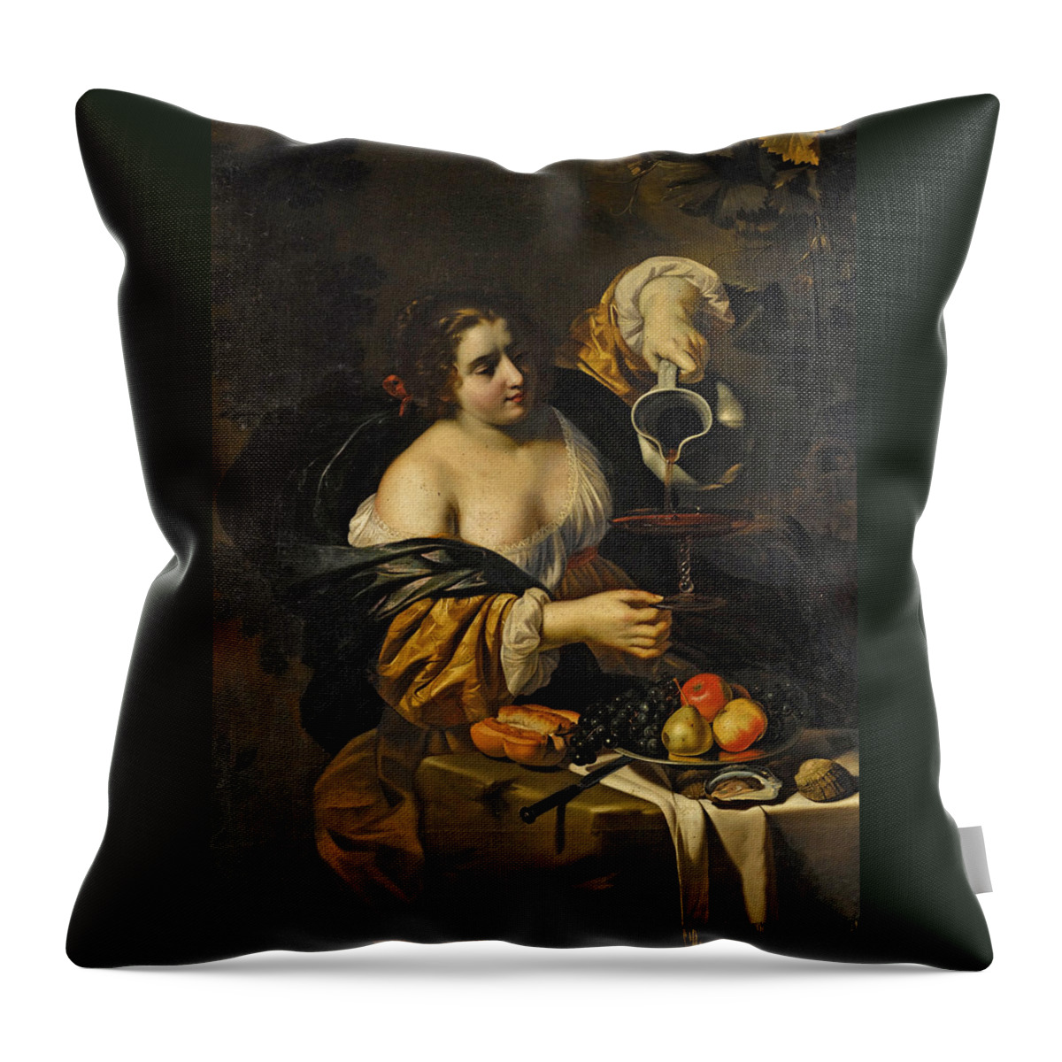 Nicolas Regnier Throw Pillow featuring the painting A young woman pouring red wine from a pitcher into a glass by Nicolas Regnier
