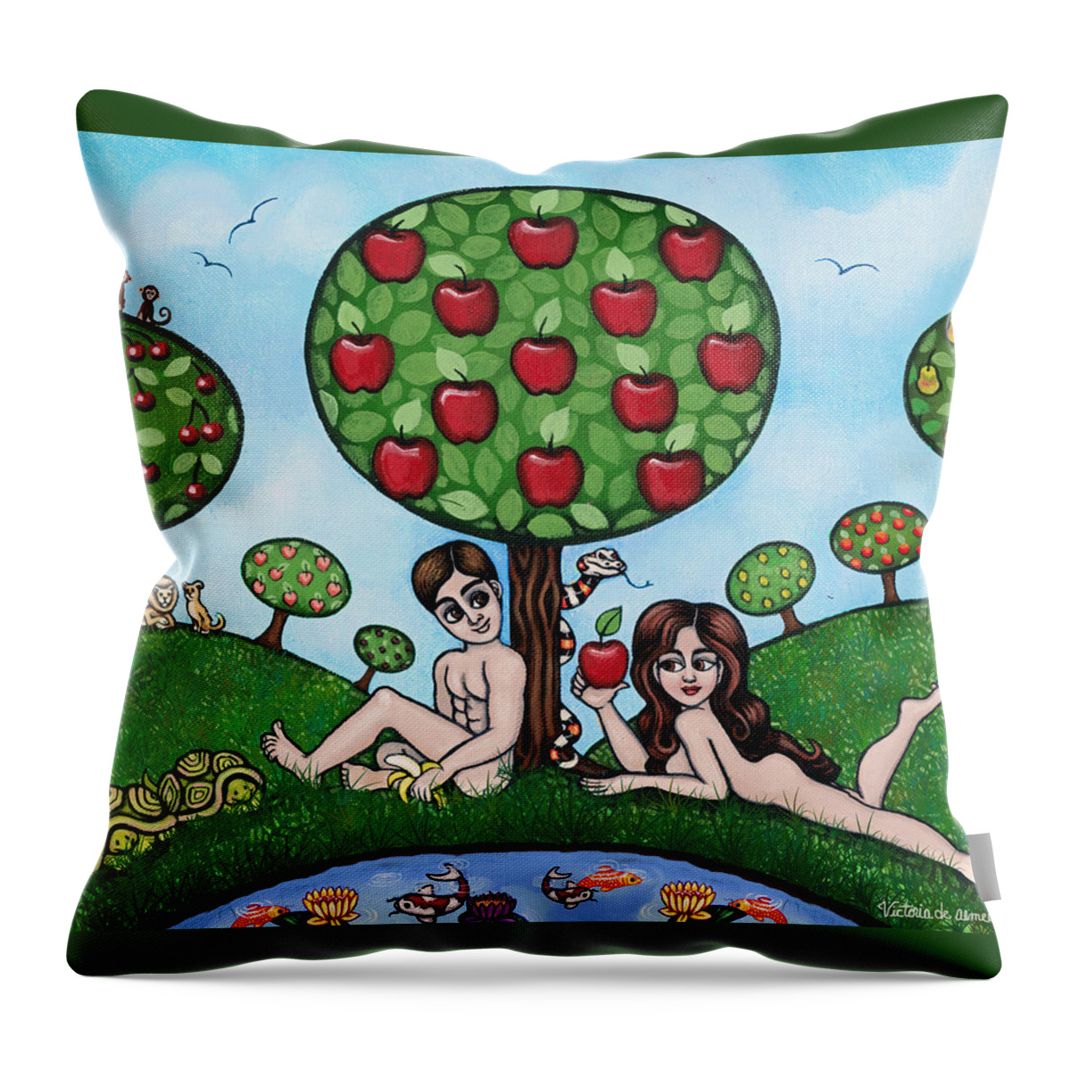 Adam And Eve Throw Pillow featuring the painting Adam and Eve The Naked Truth by Victoria De Almeida