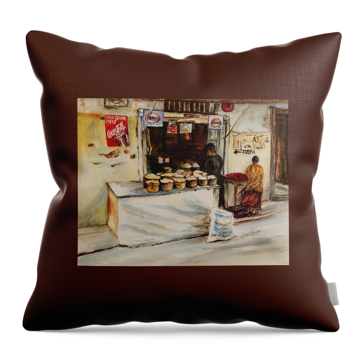 Duka African Store Throw Pillow featuring the painting African Corner Store by Sher Nasser Artist