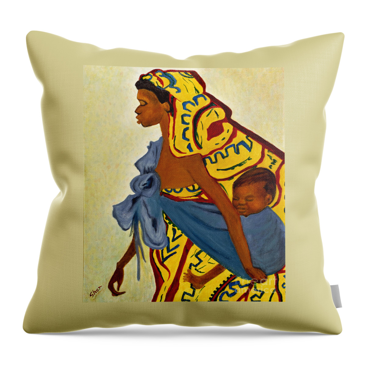 Africa Throw Pillow featuring the painting Mama Toto African Mother and Child by Sher Nasser