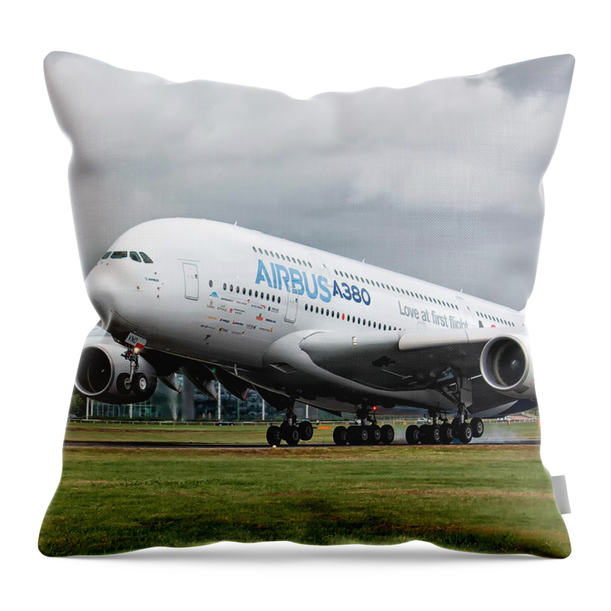 Airbus A380 Throw Pillow featuring the photograph Airbus A380 Landing by Shirley Mitchell