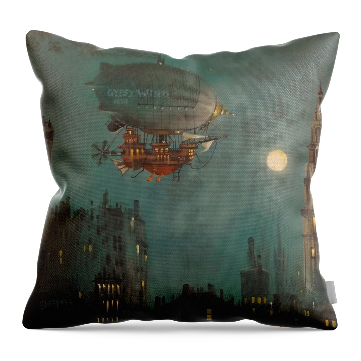 Airship Throw Pillow featuring the painting Airship by Moonlight by Tom Shropshire