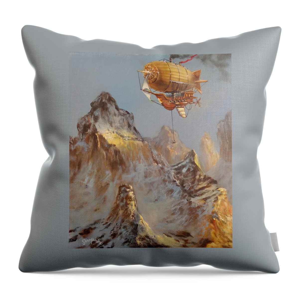 Airship Throw Pillow featuring the painting Airship Over the Mountain by Tom Shropshire