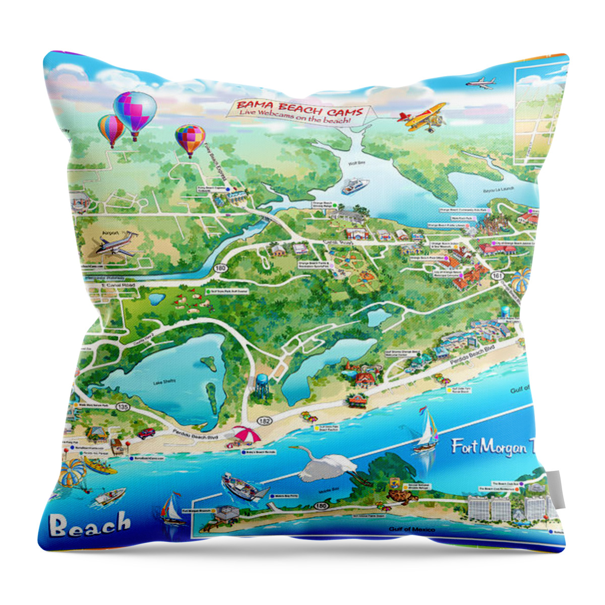 Alabama Beach Illustrated Map Throw Pillow featuring the painting Alabama Beach Illustrated Map by Maria Rabinky