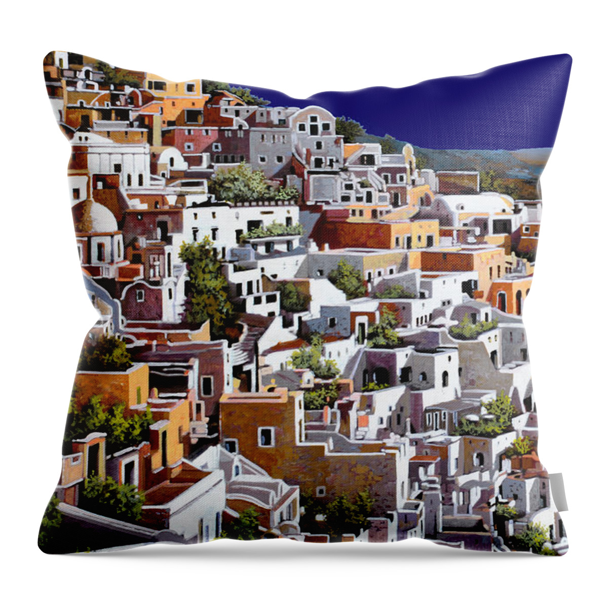 Santorini Throw Pillow featuring the painting alba a Santorini by Guido Borelli