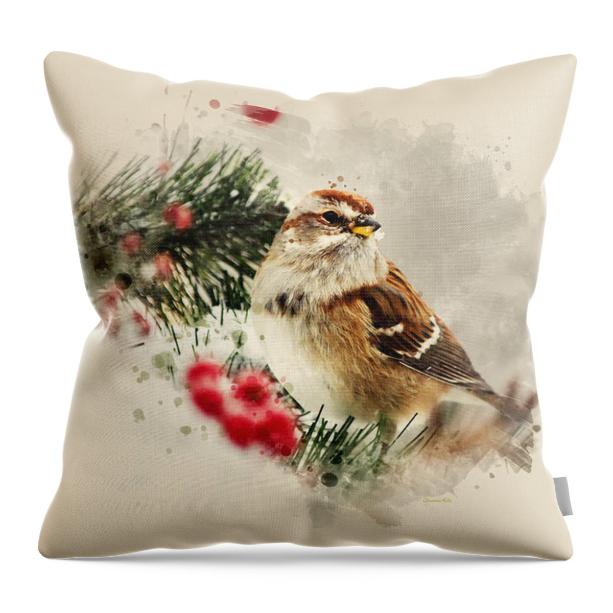 Bird Throw Pillow featuring the mixed media American Tree Sparrow Watercolor Art by Christina Rollo