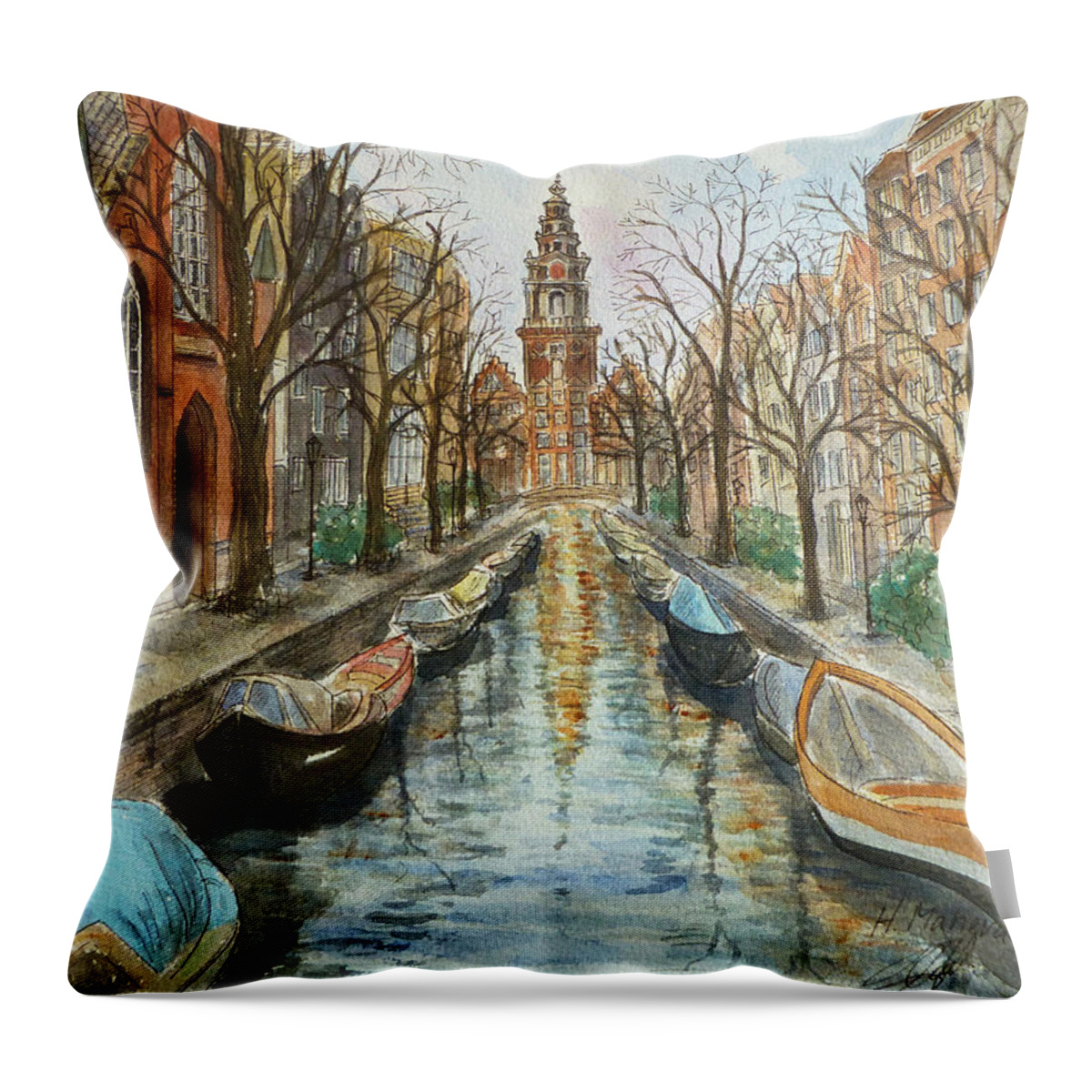 Architecture Throw Pillow featuring the painting Amsterdam by Henrieta Maneva