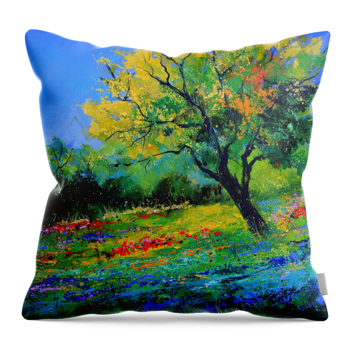 Landscape Throw Pillow featuring the painting An oak amid flowers in Texas by Pol Ledent