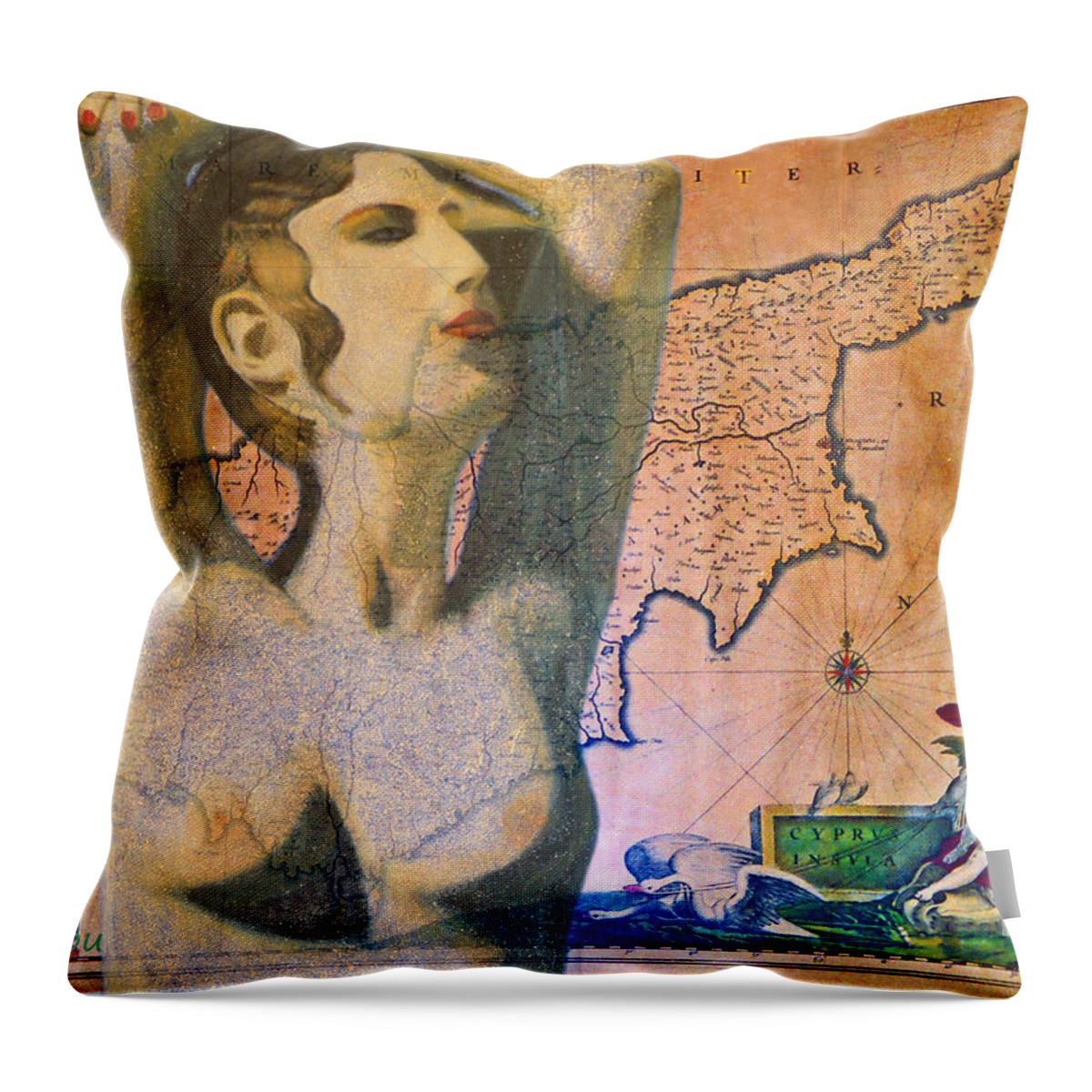 Augusta Stylianou Throw Pillow featuring the digital art Ancient Cyprus Map and Aphrodite by Augusta Stylianou