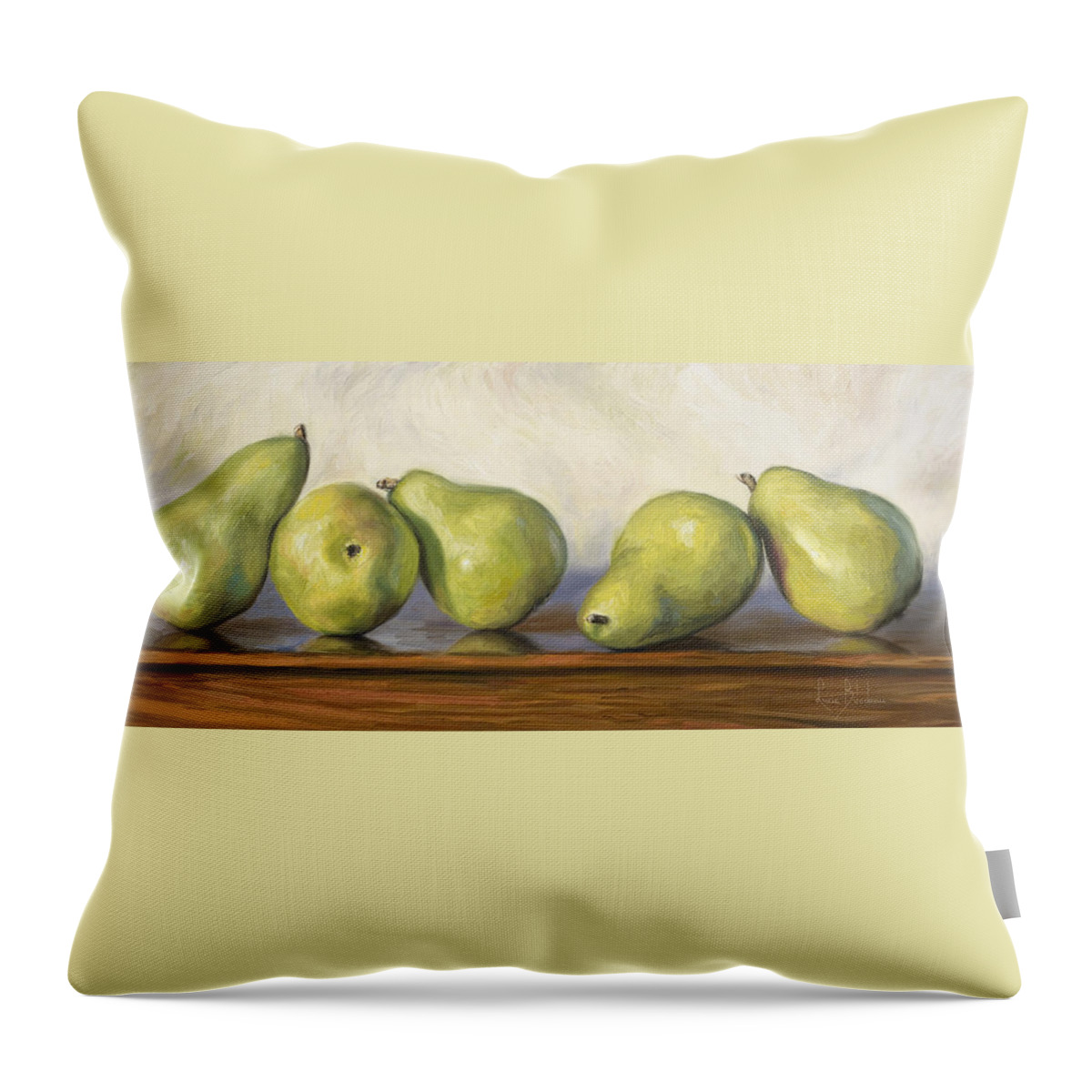 Still Life Throw Pillow featuring the painting Anjou Pears by Lucie Bilodeau