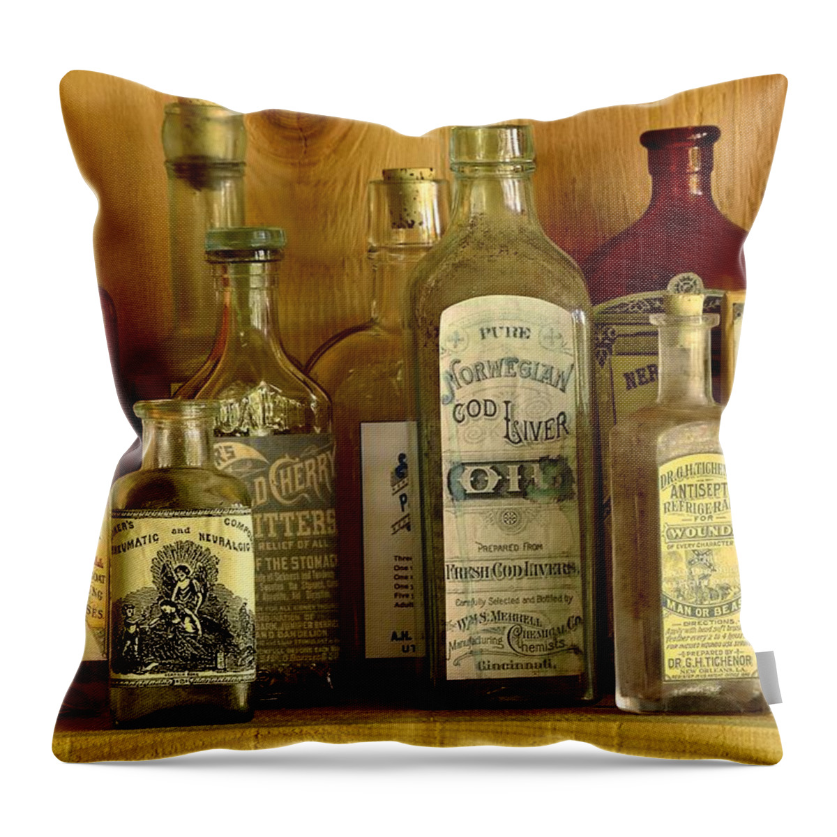Antique Glass Bottles Throw Pillow featuring the photograph Antique General Store Display 2 by Kae Cheatham