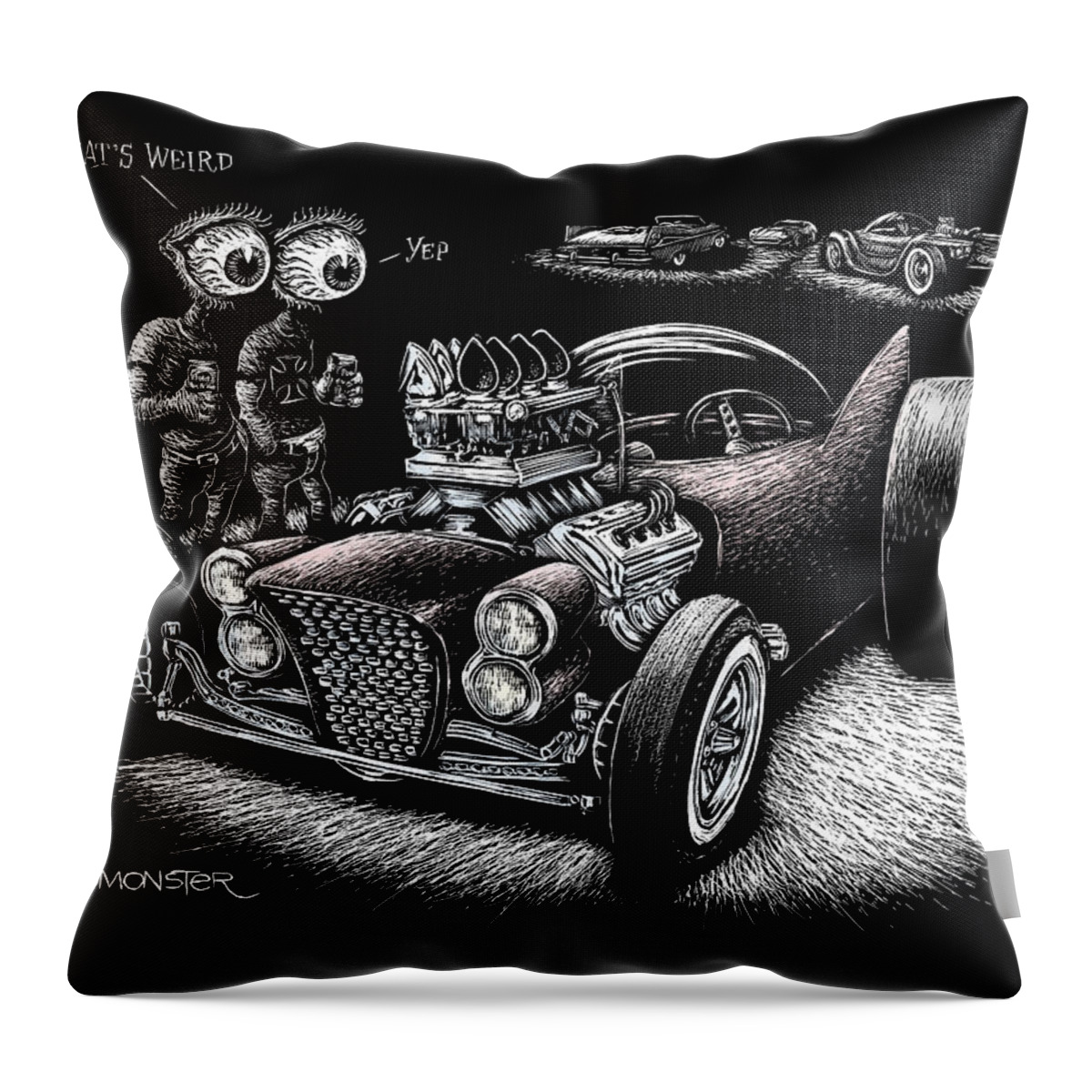 Lowbrow Throw Pillow featuring the drawing Atomic Weirdness by Bomonster 