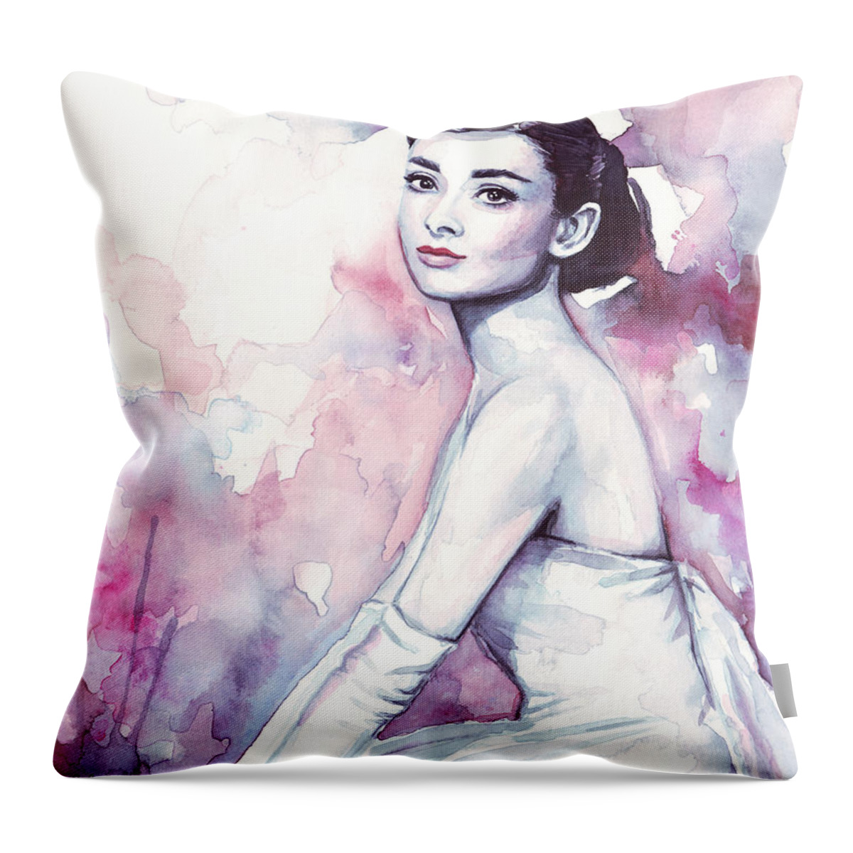 Fashion Watercolor Throw Pillow featuring the painting Audrey Hepburn Portrait by Olga Shvartsur