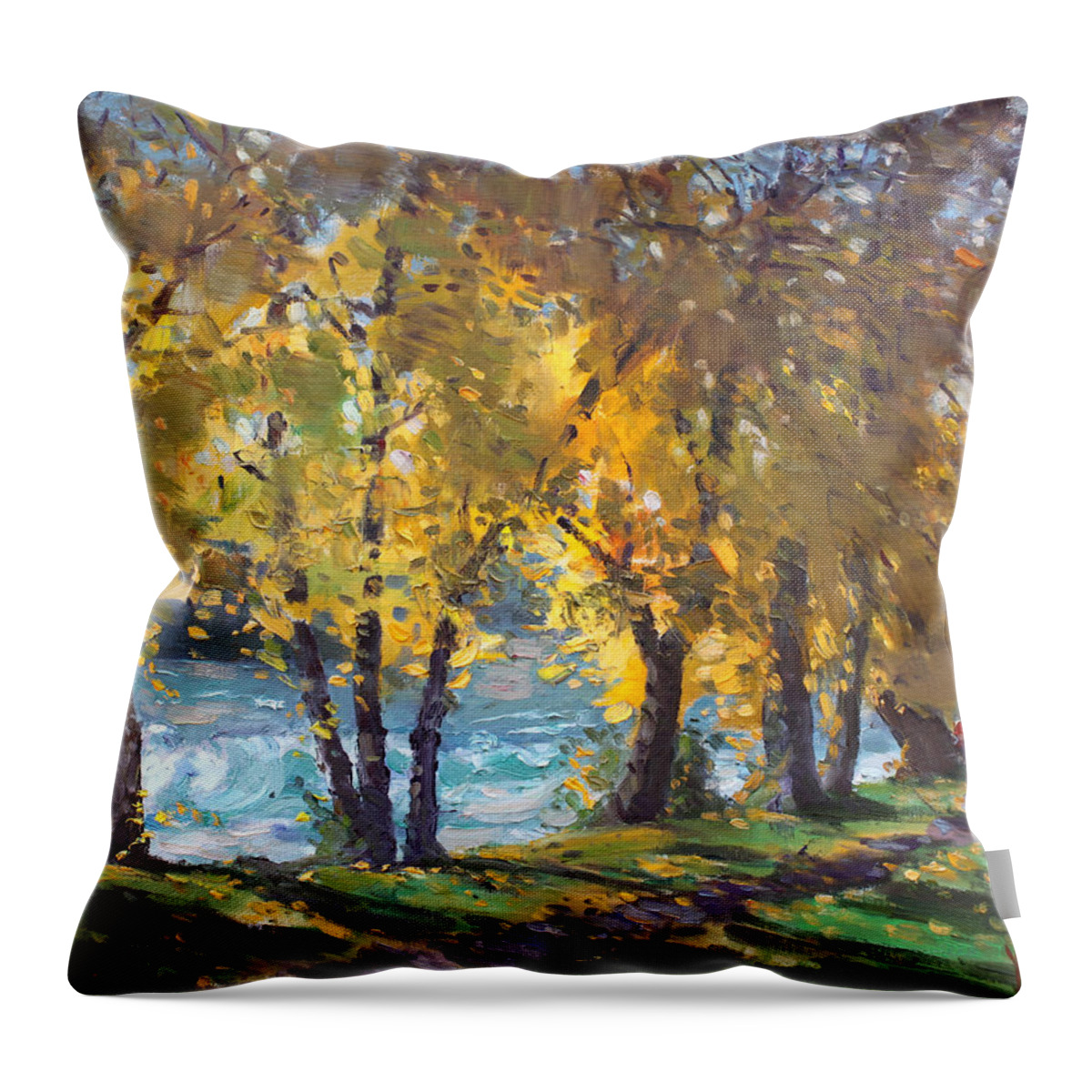 Autumn Throw Pillow featuring the painting Autumn Walk by Ylli Haruni