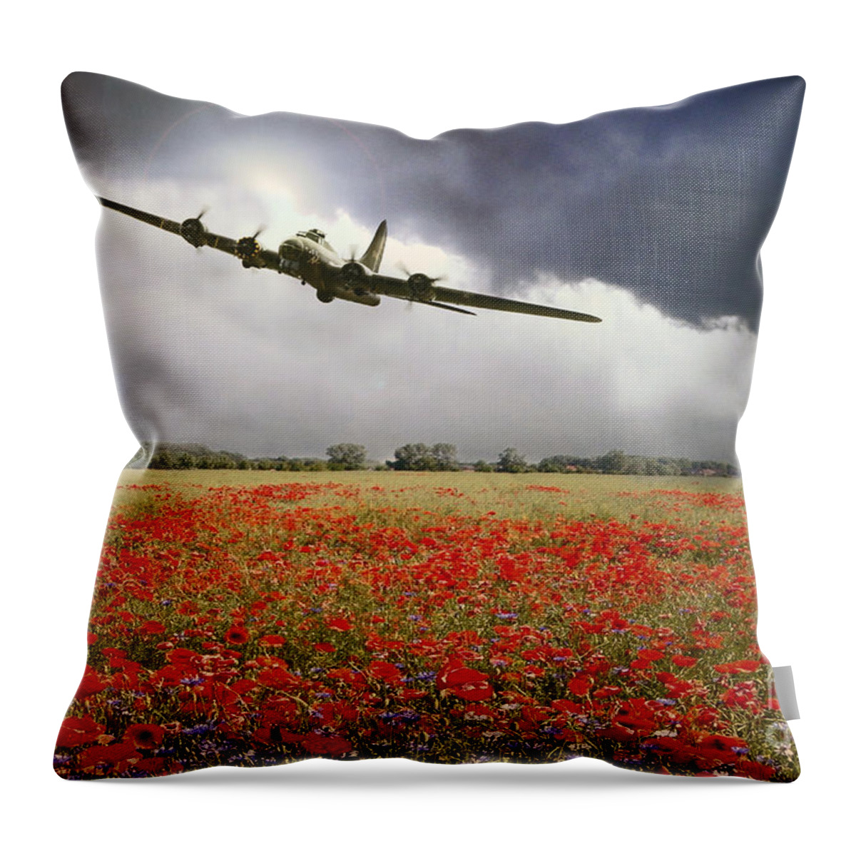 B-17 Flying Fortress Throw Pillow featuring the digital art B-17 Poppy Pride by Airpower Art