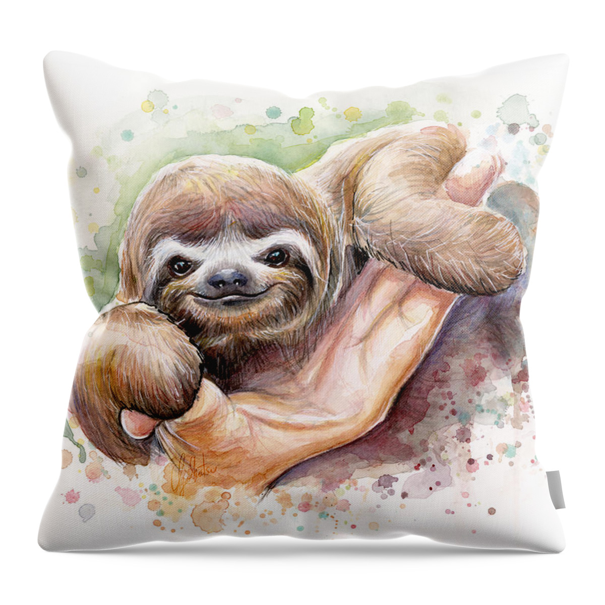Sloth Throw Pillow featuring the painting Baby Sloth Watercolor by Olga Shvartsur