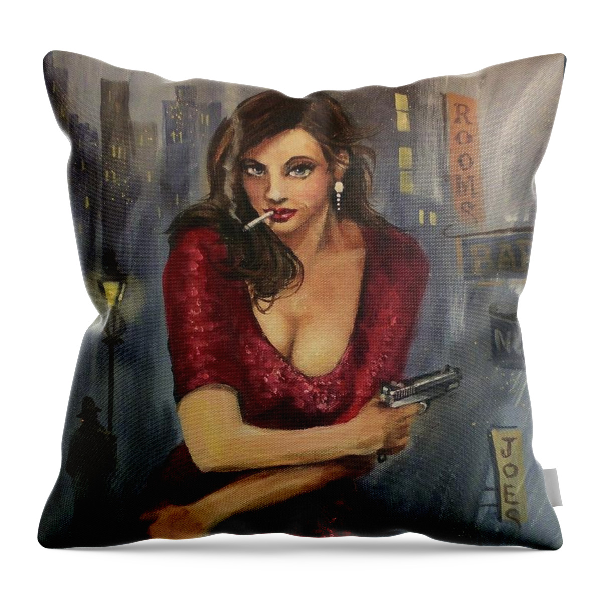 City At Night Throw Pillow featuring the painting Bad Girl by Tom Shropshire