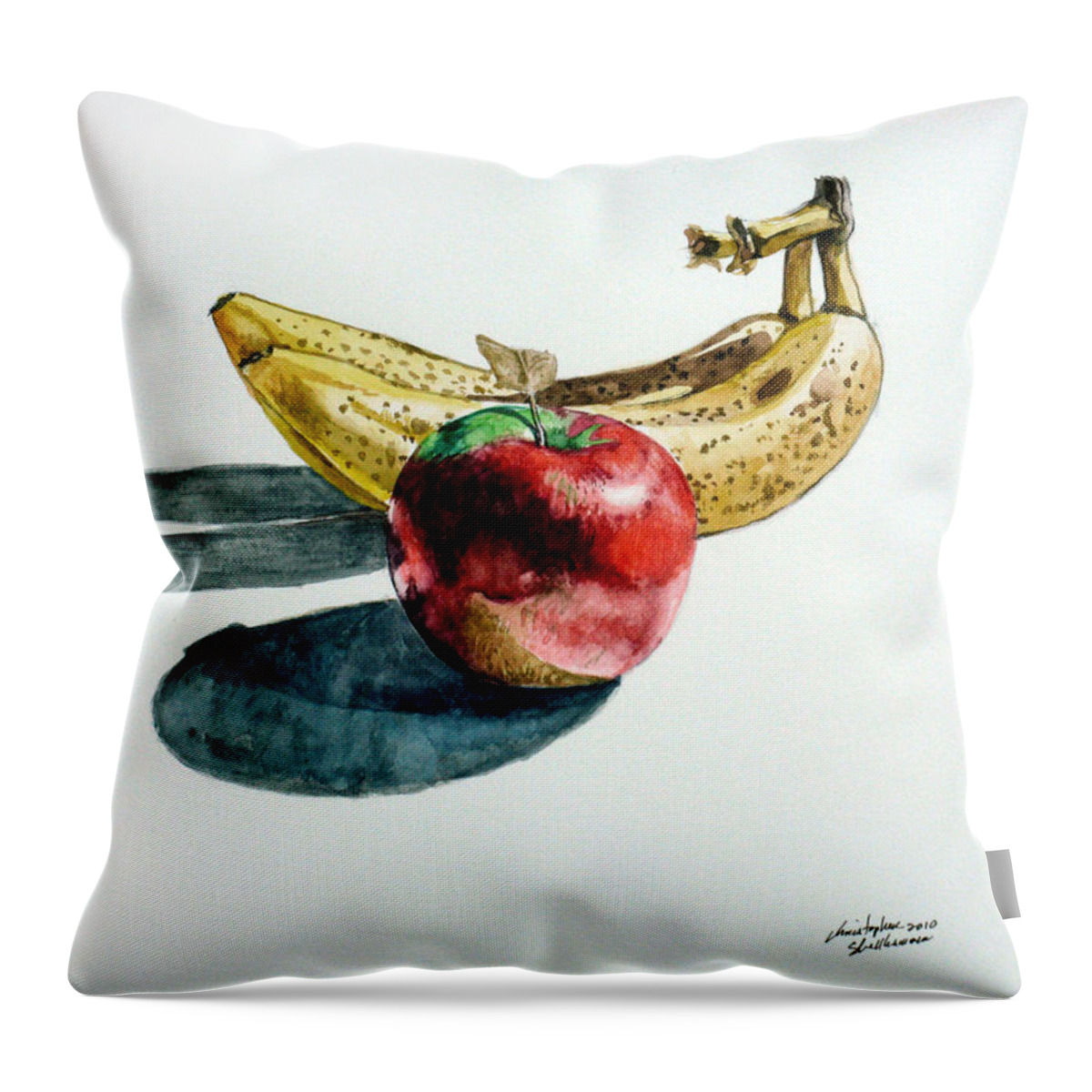Banana Throw Pillow featuring the painting Bananas and an Apple by Christopher Shellhammer