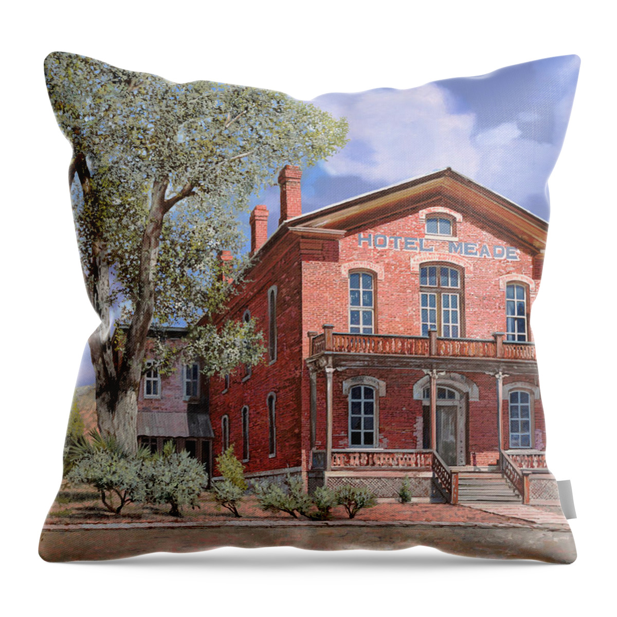 Montana Throw Pillow featuring the painting Bannock-Montana-hotel Meade by Guido Borelli