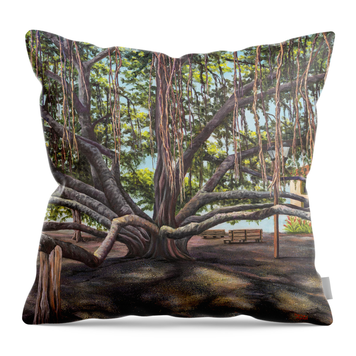 Landscape Throw Pillow featuring the painting Banyan Tree Lahaina Maui by Darice Machel McGuire
