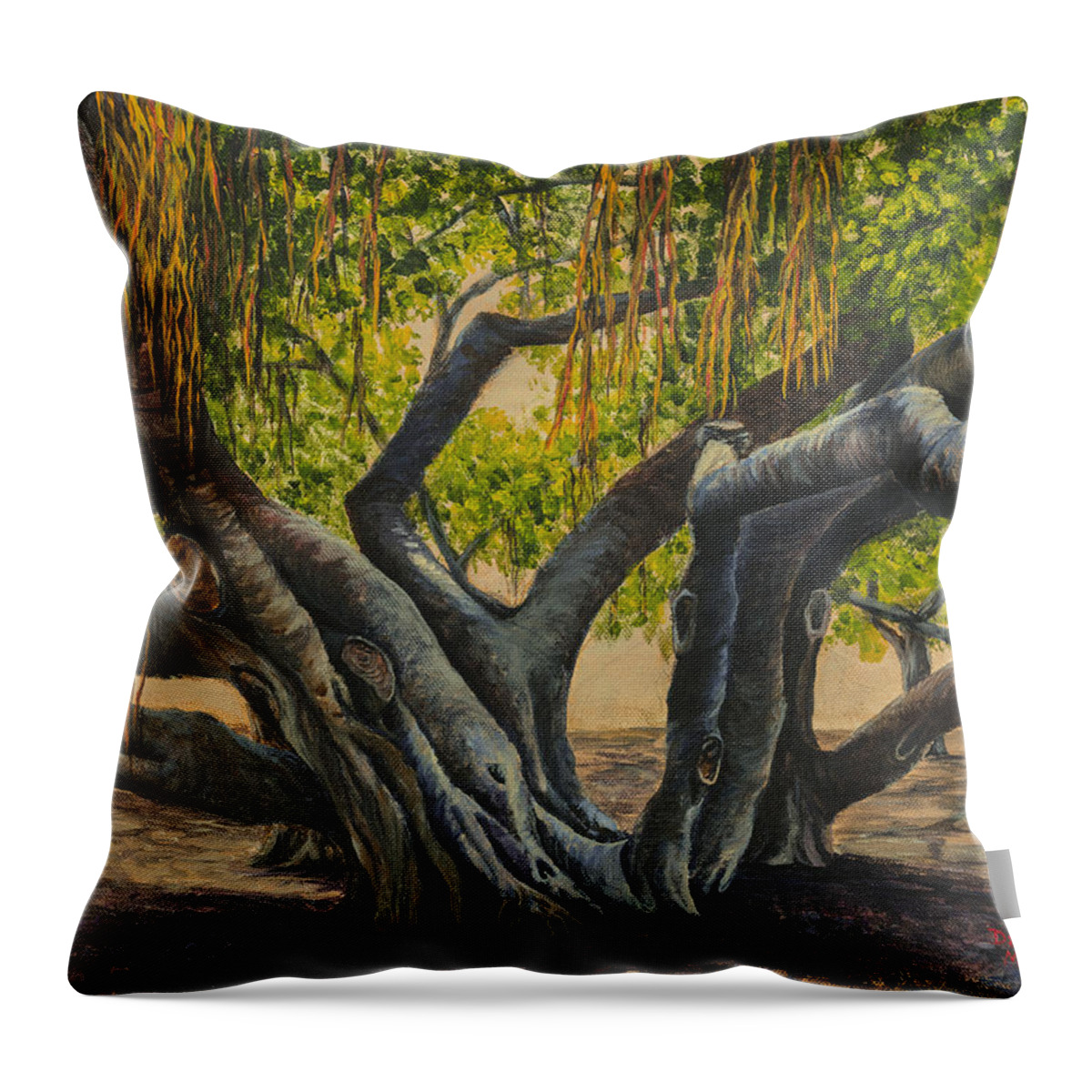 Landscape Throw Pillow featuring the painting Banyan Tree Maui by Darice Machel McGuire