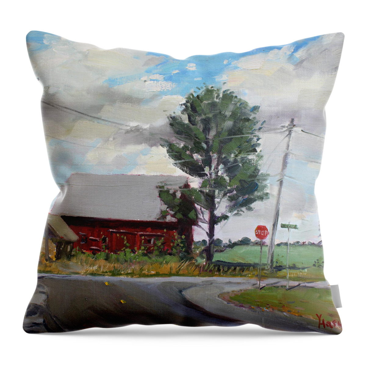 Barn Throw Pillow featuring the painting Barn by Lockport Rd by Ylli Haruni