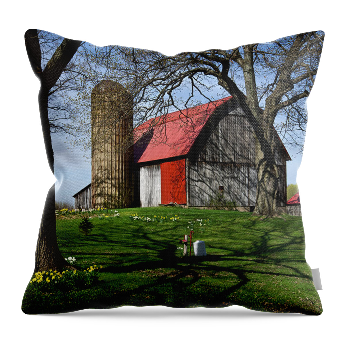 Barn Throw Pillow featuring the photograph Barn with Silo in Springtime by Mary Lee Dereske