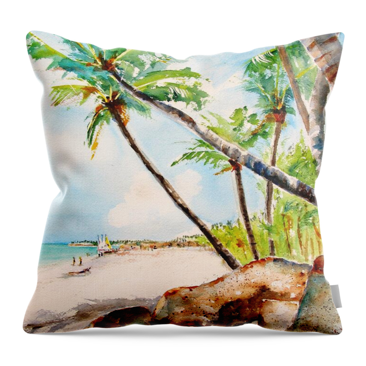 Tropical Beach Throw Pillow featuring the painting Bavaro Tropical Sandy Beach by Carlin Blahnik CarlinArtWatercolor