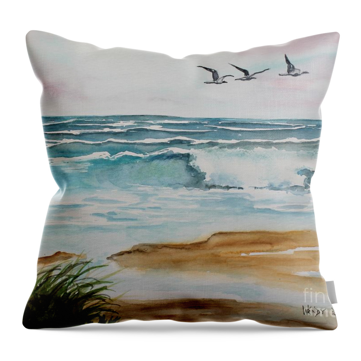Watercolor Throw Pillow featuring the painting Beach and Waves by Wendy Ray