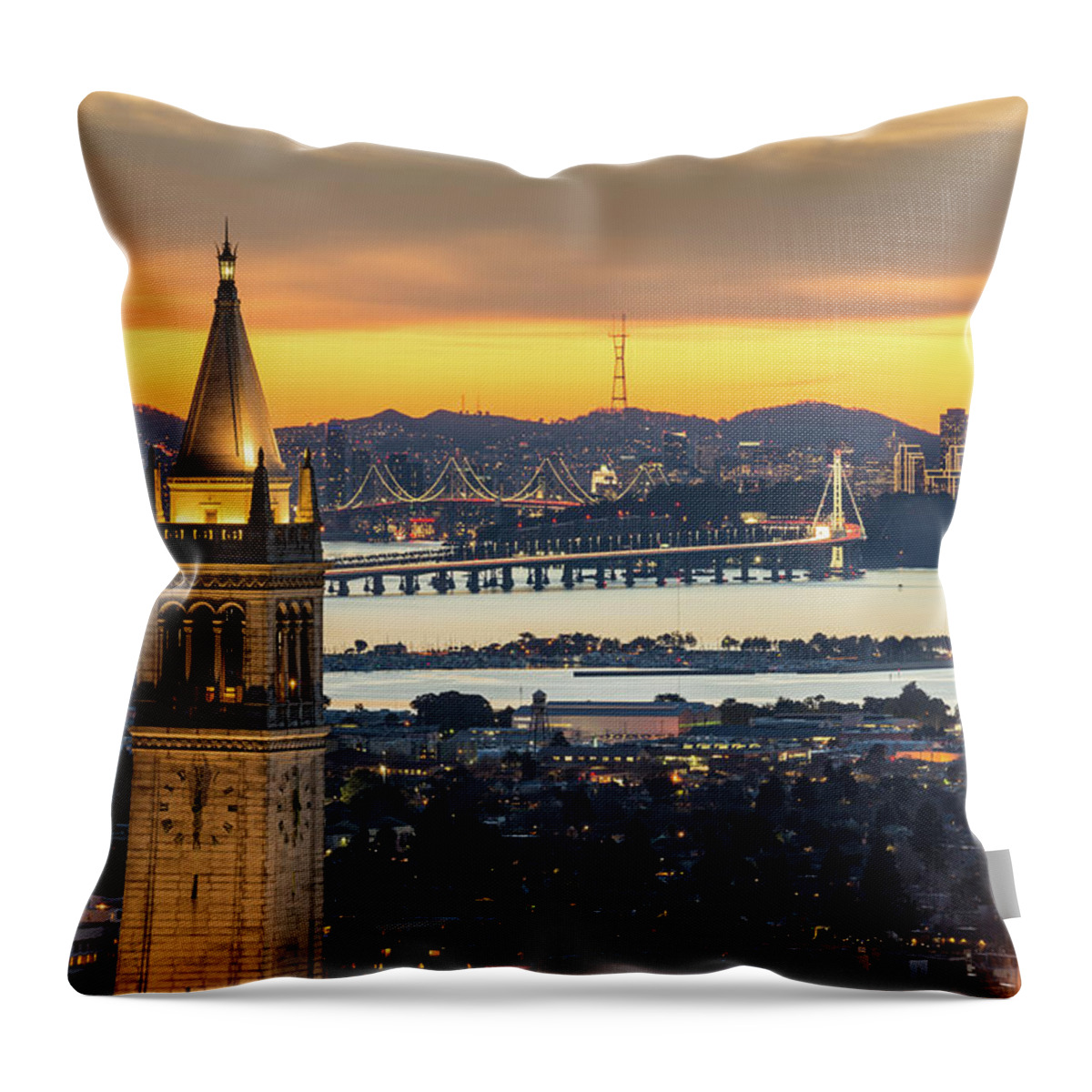 San Francisco Throw Pillow featuring the photograph Berkeley Campanile With Bay Bridge And by Chao Photography