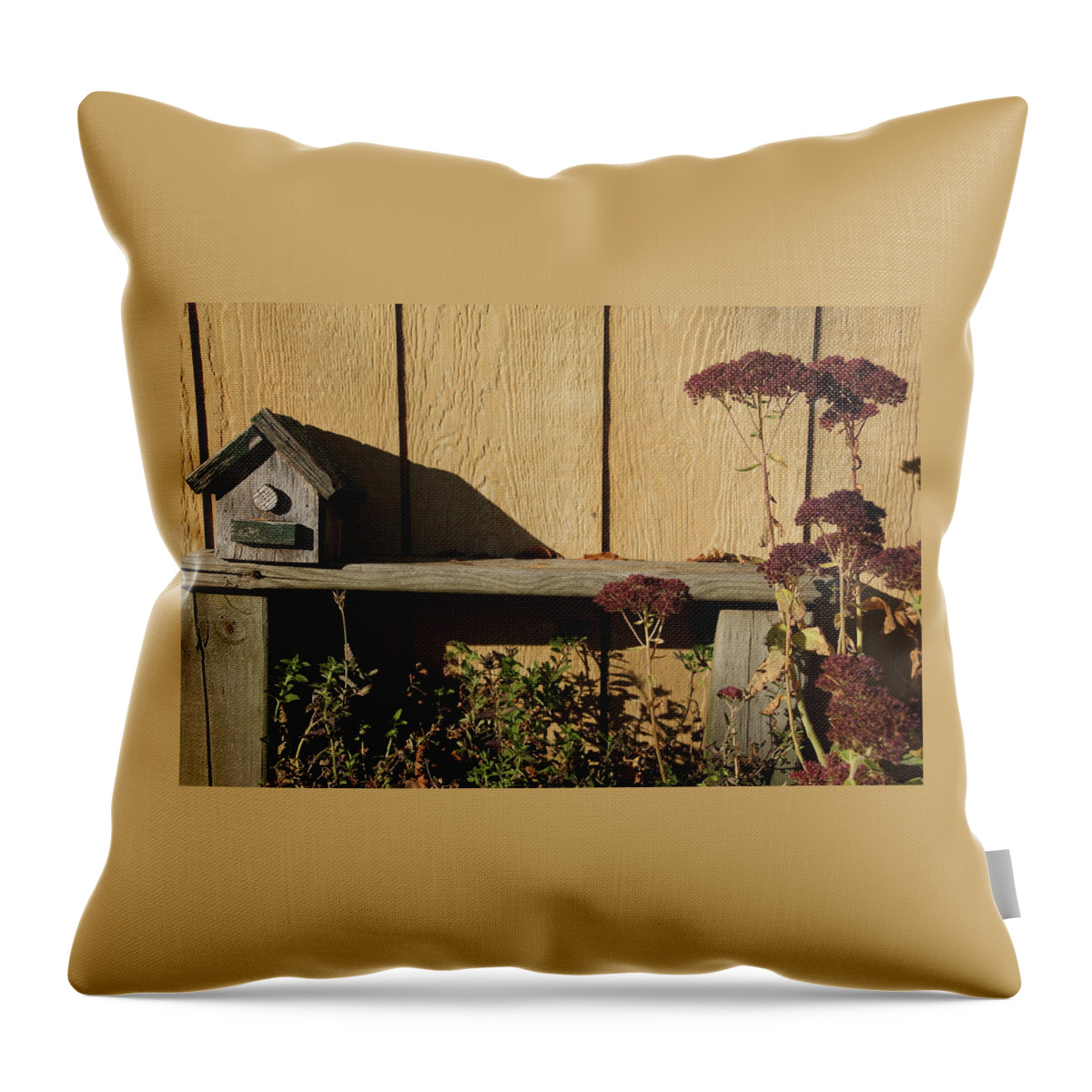 Bird House Throw Pillow featuring the photograph Bird House on Bench by Valerie Collins