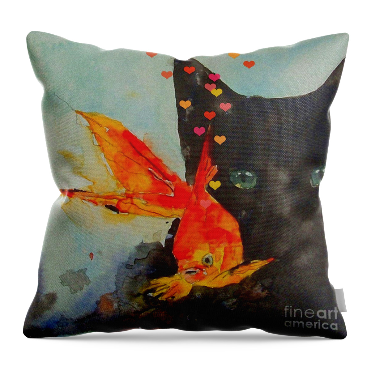 Black Cat Throw Pillow featuring the painting Black Cat and the Goldfish by Paul Lovering