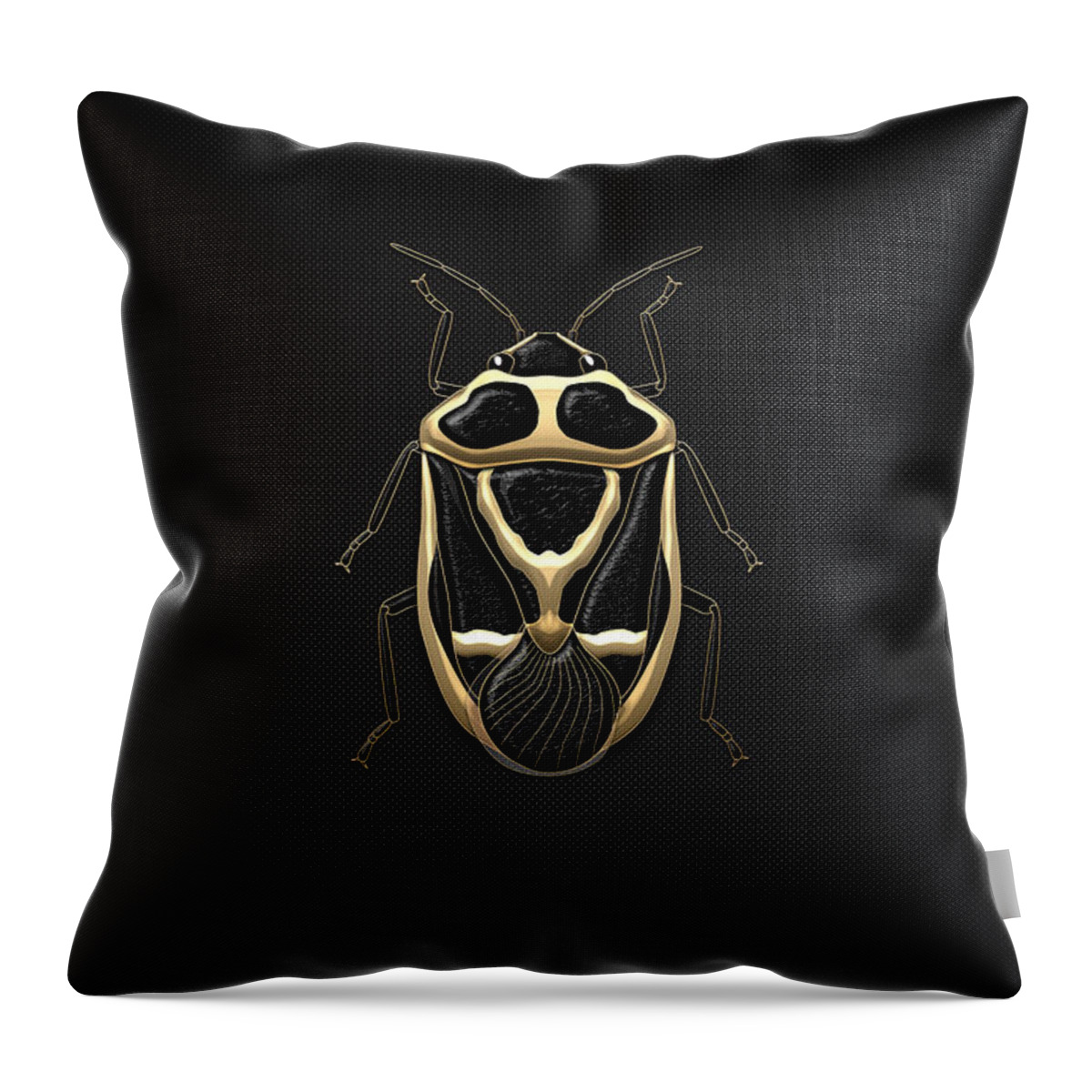 Beasts Creatures And Critters Collection By Serge Averbukh Throw Pillow featuring the digital art Black Shieldbug with Gold Accents on Black Canvas by Serge Averbukh