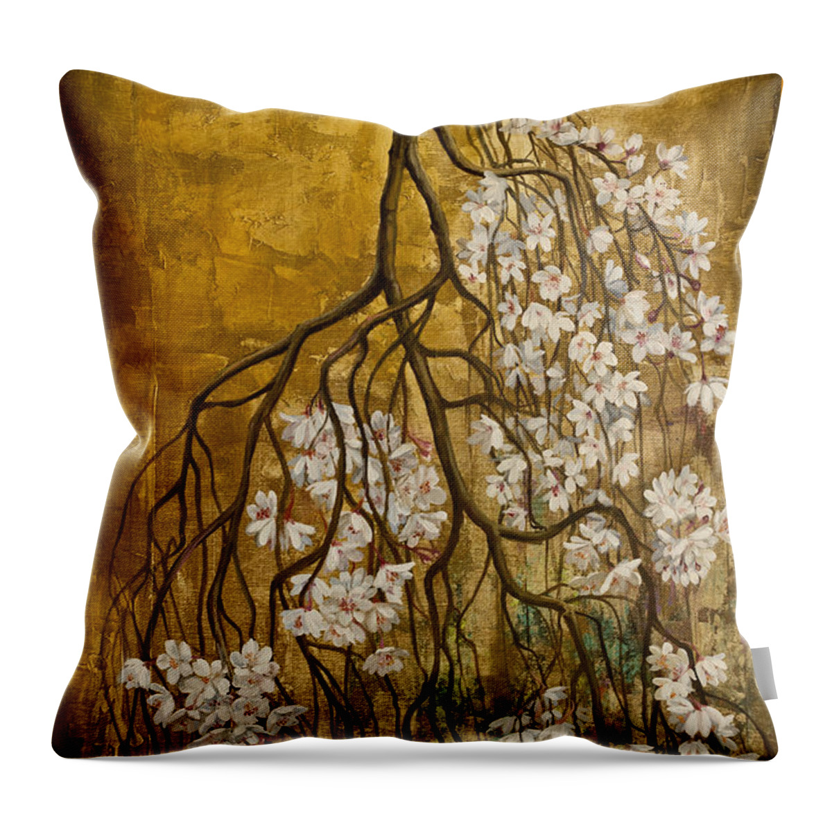 Sakura Throw Pillow featuring the painting Blooming sakura by Vrindavan Das