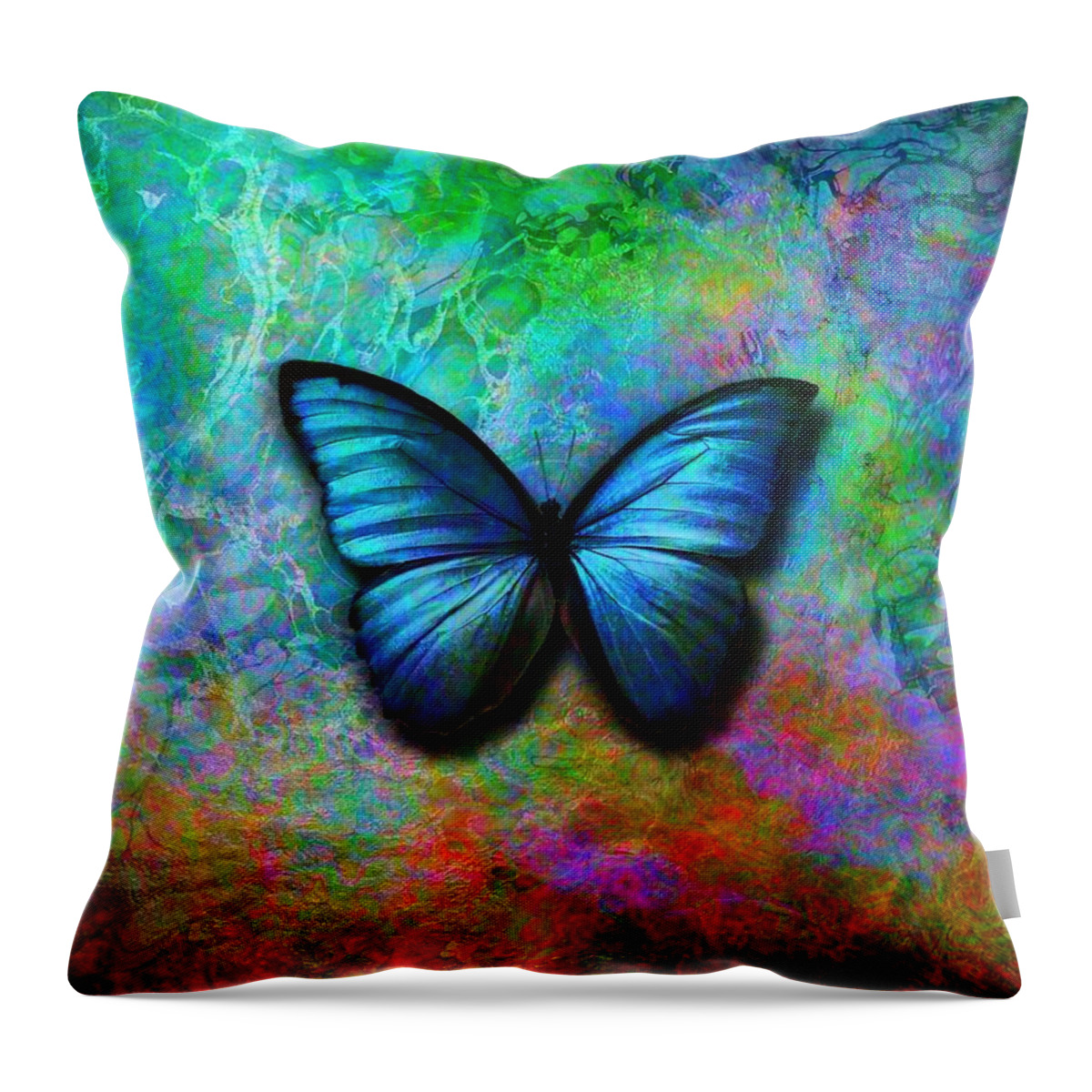 Blue Butterfly Throw Pillow featuring the digital art Blue Butterfly on colorful background by Lilia D