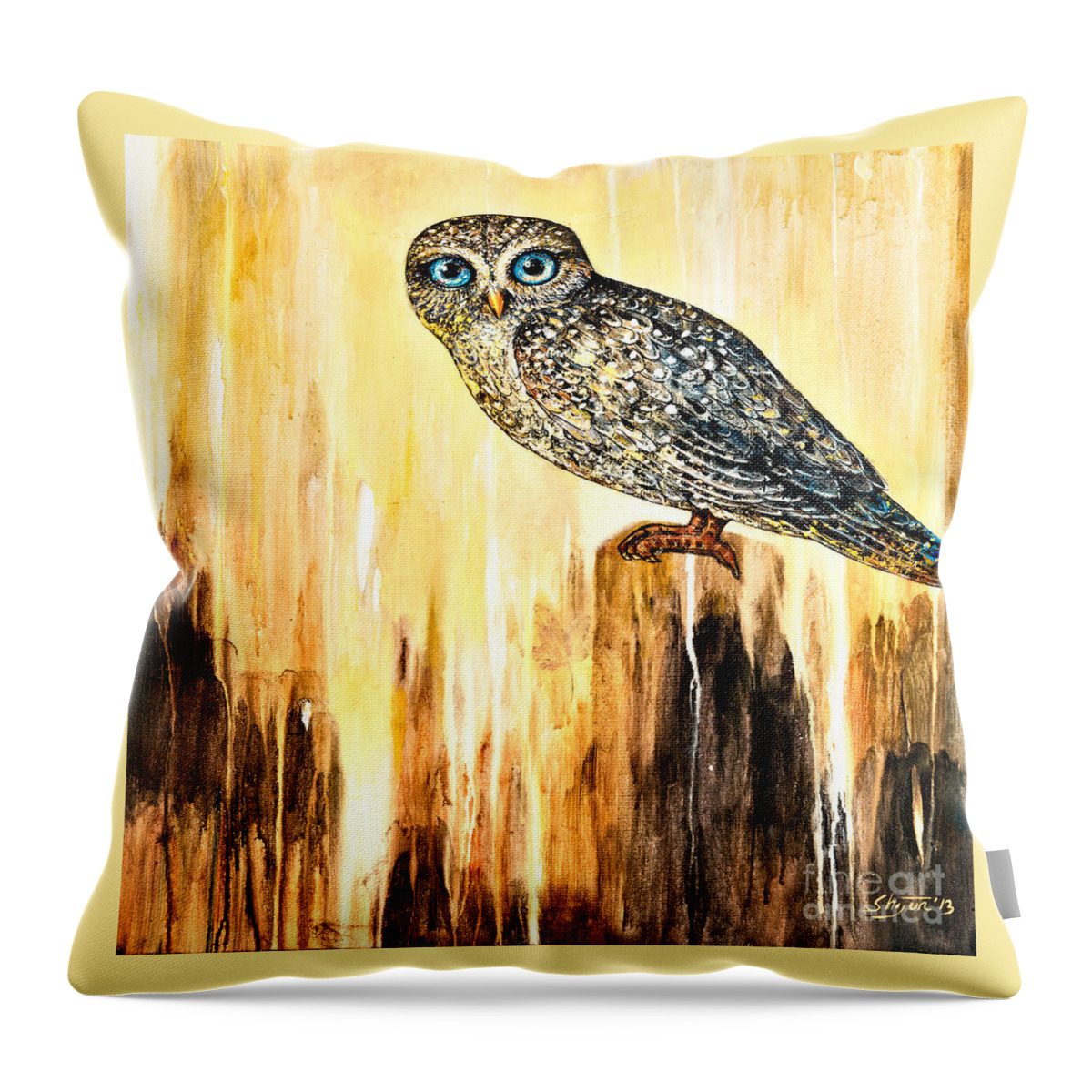Owl Throw Pillow featuring the painting Blue Eyed Owl by Shijun Munns