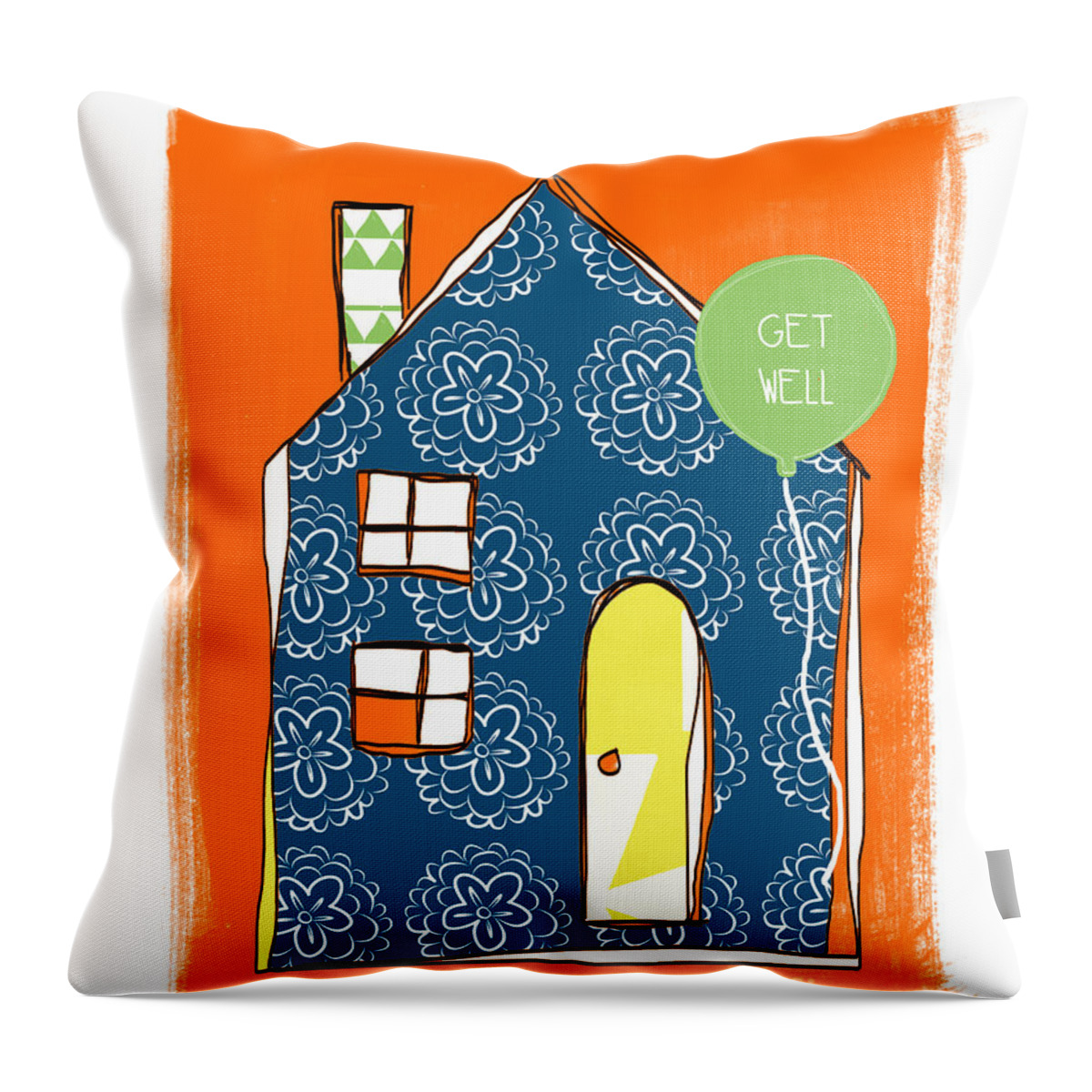 House Throw Pillow featuring the mixed media Blue House Get Well Card by Linda Woods