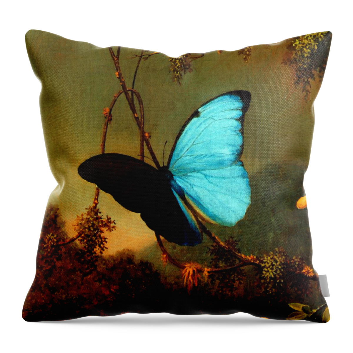 Martin Johnson Heade Throw Pillow featuring the painting Blue Morpho Butterfly by Martin Johnson Heade