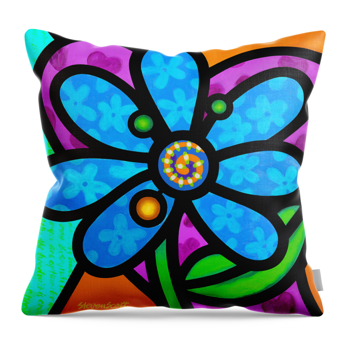 Abstract Throw Pillow featuring the painting Blue Pinwheel Daisy by Steven Scott
