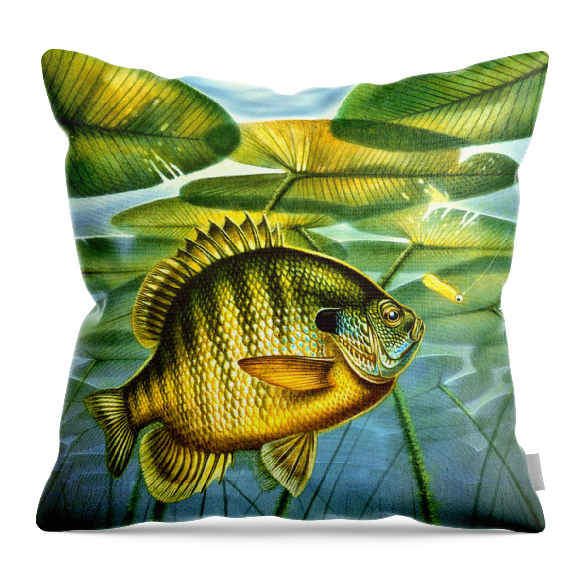 Jon Q Wright Throw Pillow featuring the painting Blugill and lilypads by JQ Licensing