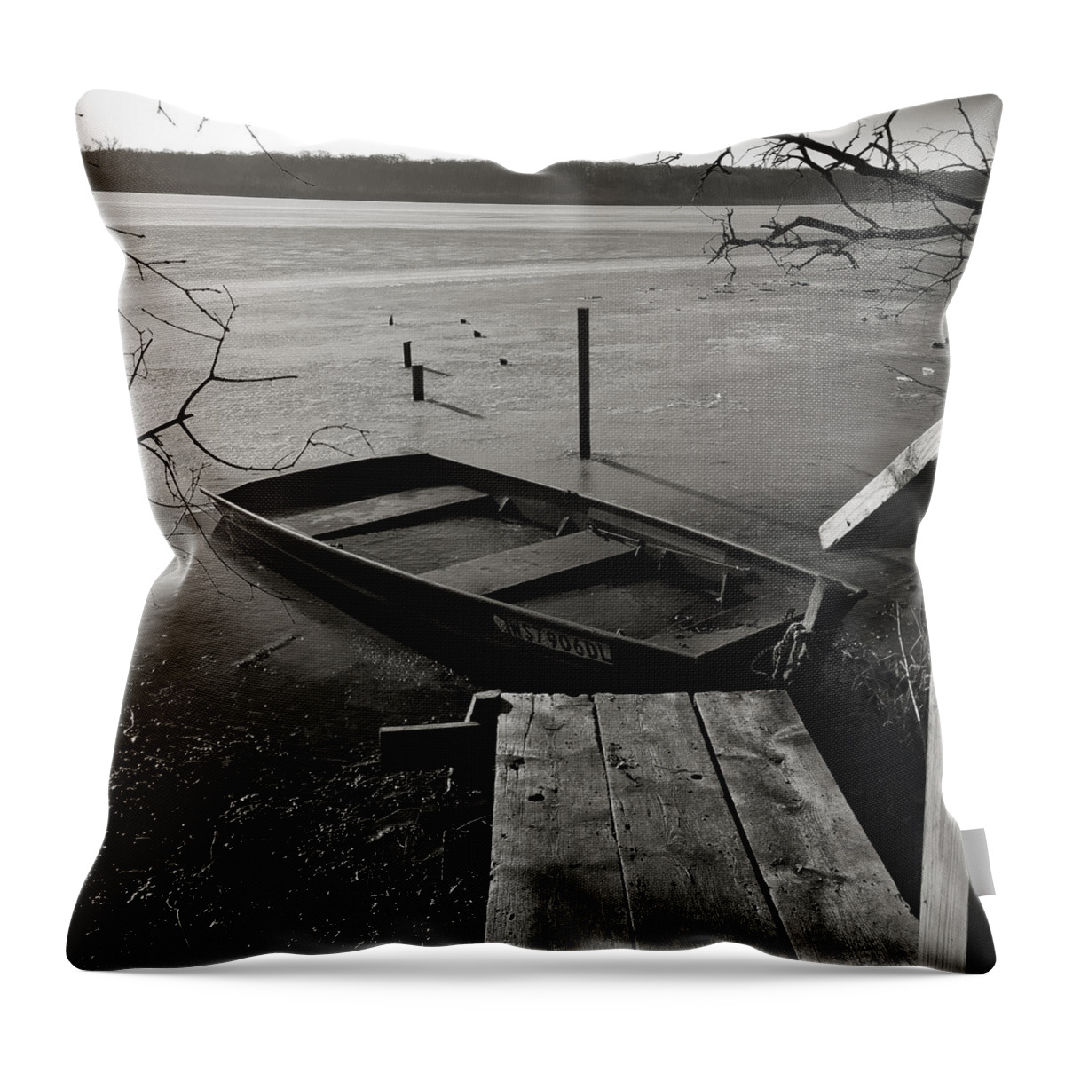 Wingra Throw Pillow featuring the photograph Boat in Ice - Lake Wingra - Madison - WI by Steven Ralser