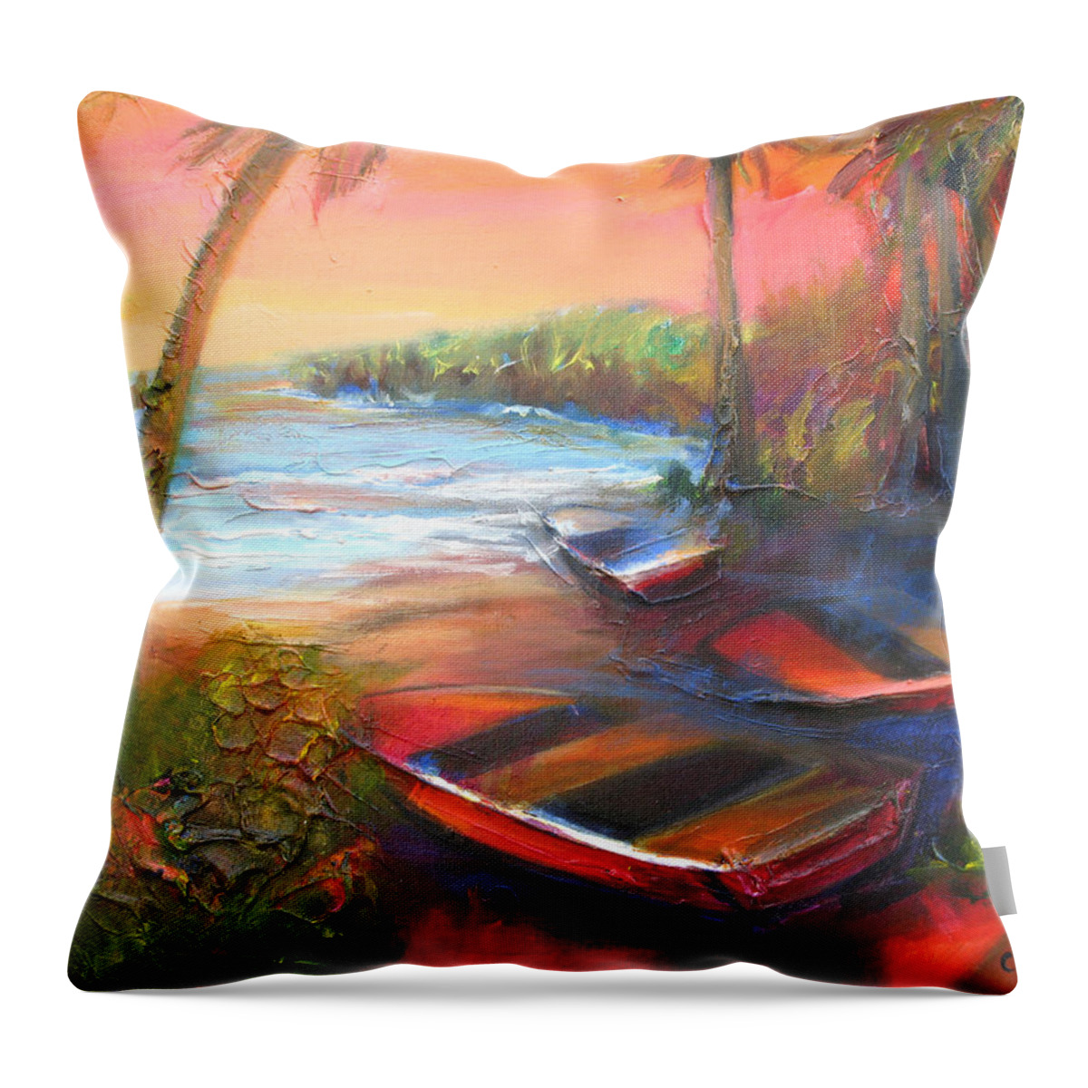 Beach Throw Pillow featuring the painting Boats by the Sea by Cynthia McLean