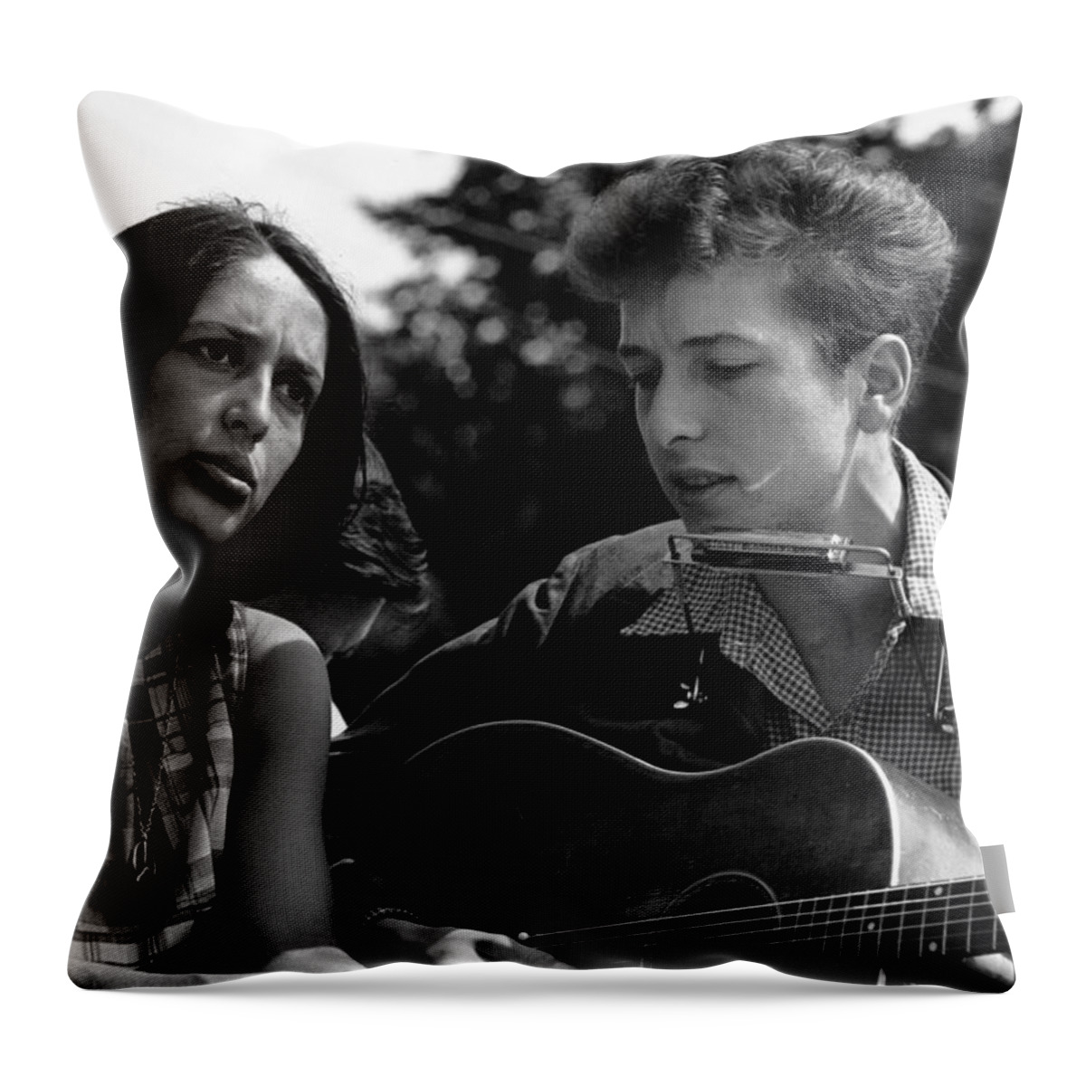 Bob Dylan Throw Pillow featuring the photograph Bob Dylan and Joan Baez by Georgia Fowler